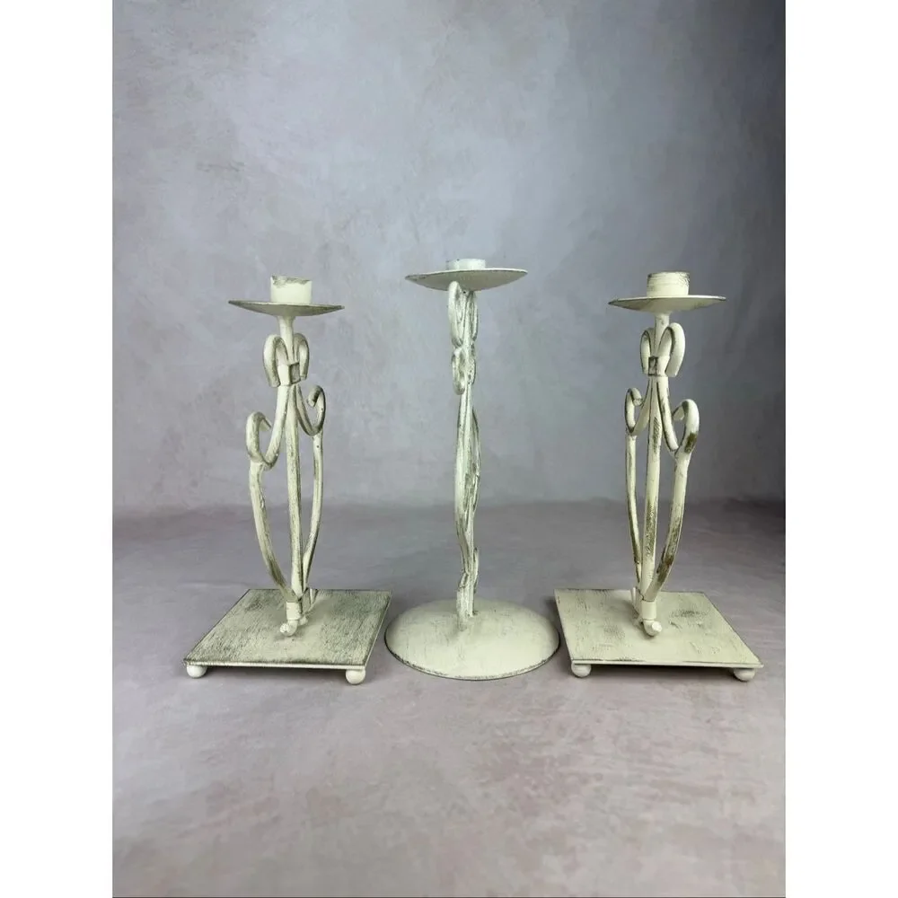 Vintage 90s Ivory Iron Candlestick Holders Scroll Cottagecore Shabby Chic Set of